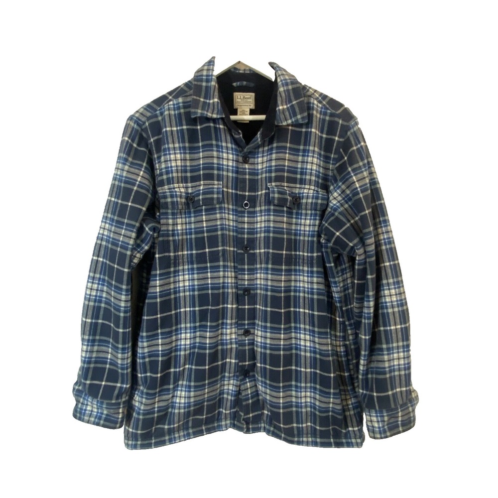 LL Bean Shacket Mens Medium Blue Traditional Fit Flannel Plaid Work Chore Grunge